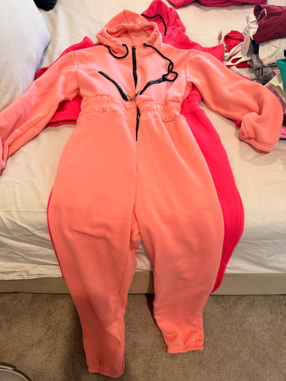 New! TWO Bright Hot Pink and Peach Hooded Fleece Jumpsuits - Fits size Small